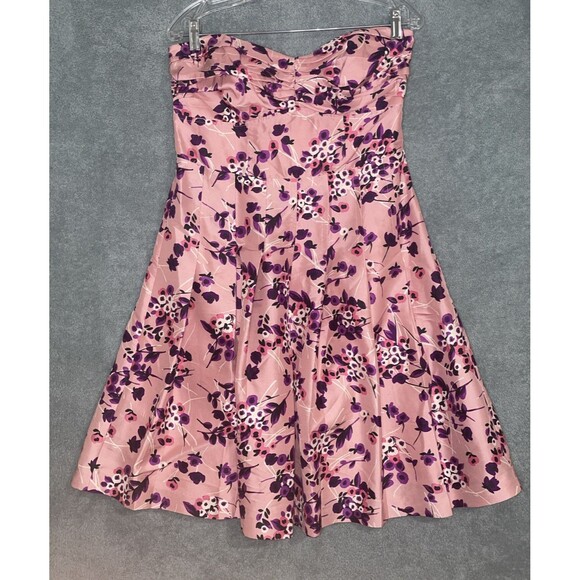 Express Dress‎ Womens 10 Pink 100% Silk Pleated Strapless Floral Cocktail Y2K - Picture 1 of 10